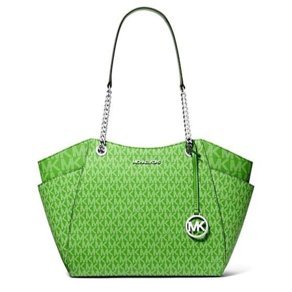 New Michael Kors Jet Set Large Logo Shoulder Bag Jungle Green - Picture 1 of 3